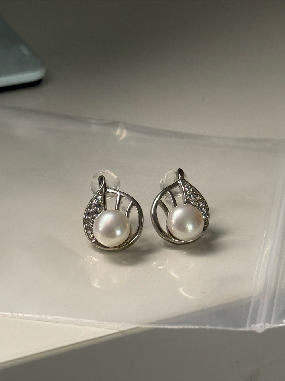Pearl and Crystal Silver Drop Stud Earrings - White